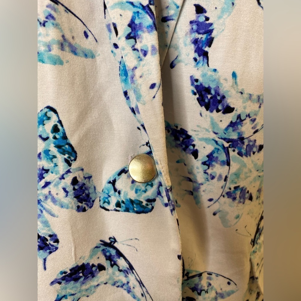 Reitmans petites blue & white butterfly 🦋 pattern jacket w/ top & front pockets - Picture 8 of 13